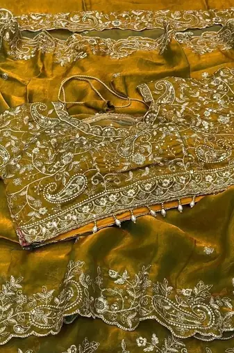 Olive Color Embroidery sequence work heavy border Satin Saree