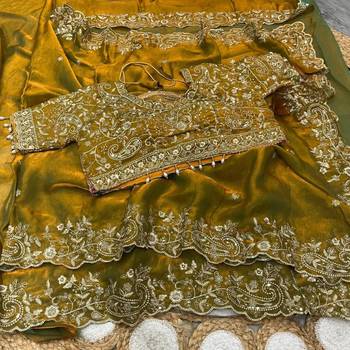 Olive Color Embroidery sequence work heavy border Satin Saree 3