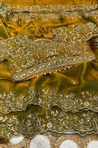 Olive Color Embroidery sequence work heavy border Satin Saree