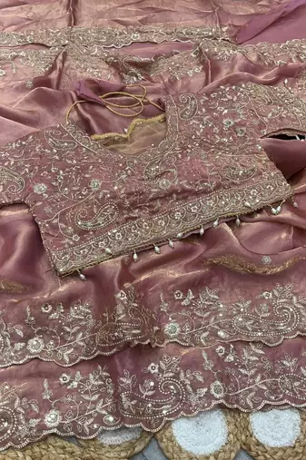 Pink Color Embroidery sequence work heavy border Satin Saree