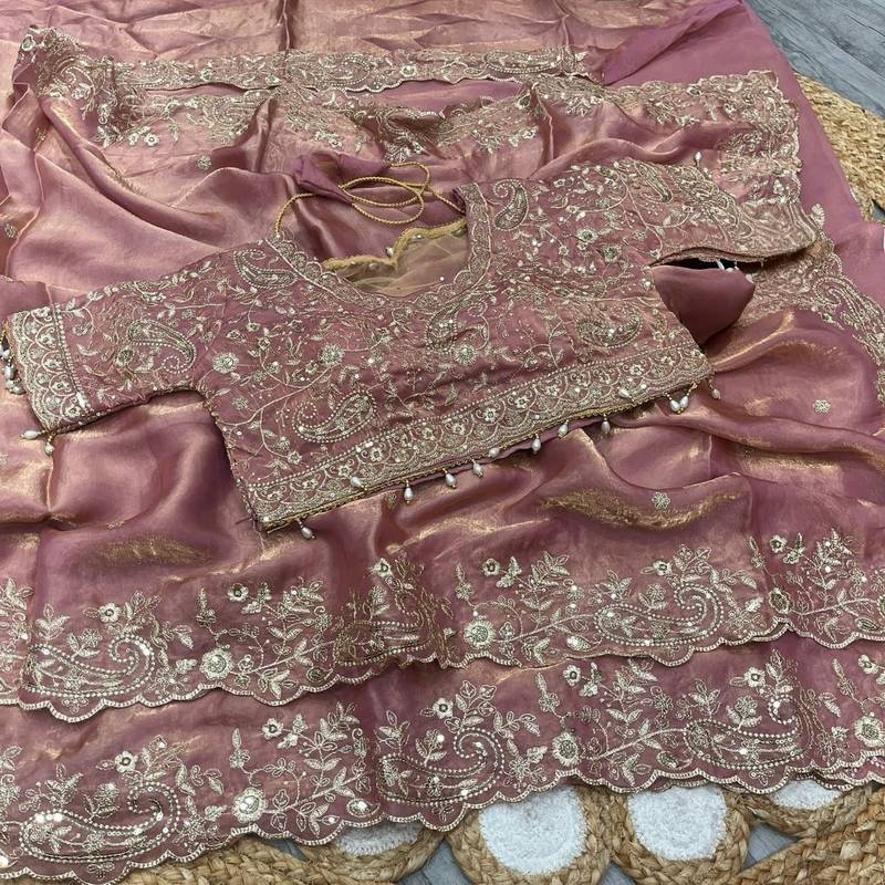 Pink Color Embroidery sequence work heavy border Satin Saree
