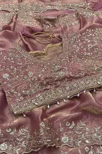 Pink Color Embroidery sequence work heavy border Satin Saree