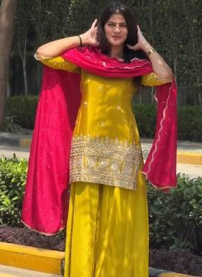 Yellow kurta sharara set with pink dupatta 2