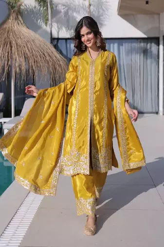 Mustard silk festive suit set