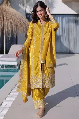 Mustard silk festive suit set