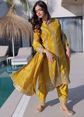 Mustard silk festive suit set 4