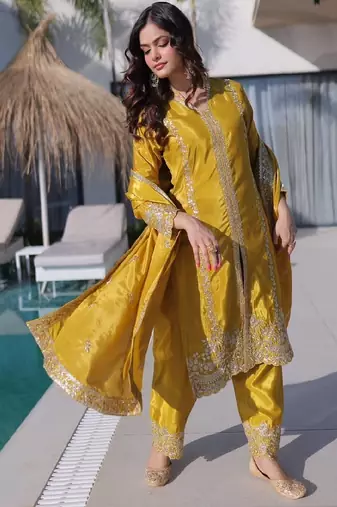 Mustard silk festive suit set