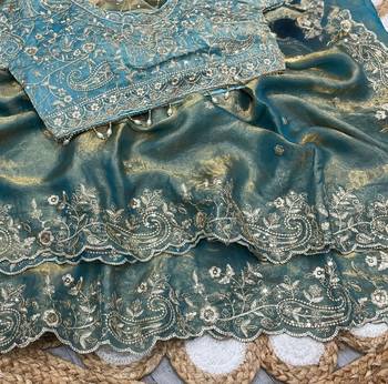 Sky Blue Color Embroidery sequence work heavy border Satin Saree 1