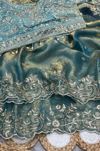 Sky Blue Color Embroidery sequence work heavy border Satin Saree