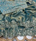 Sky Blue Color Embroidery sequence work heavy border Satin Saree