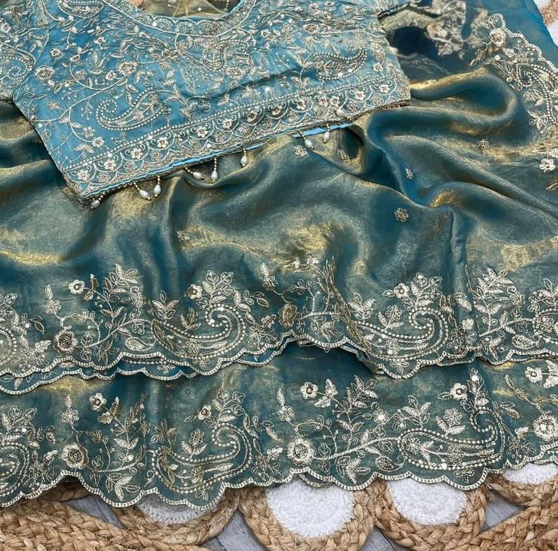 Sky Blue Color Embroidery sequence work heavy border Satin Saree