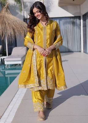 Mustard silk festive suit set 1