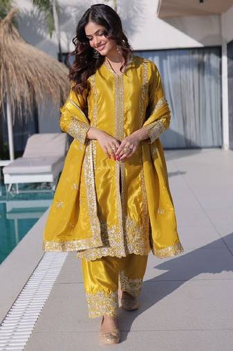 Mustard silk festive suit set