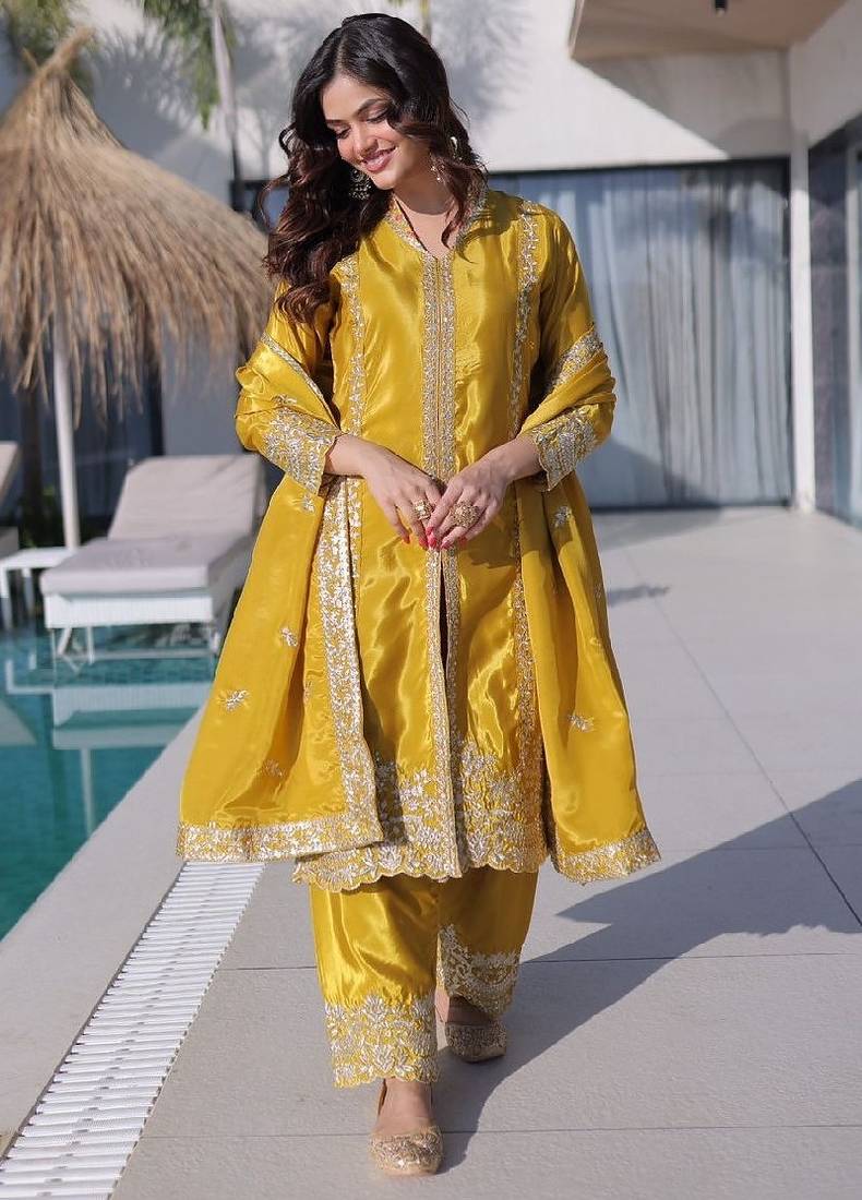 Mustard silk festive suit set