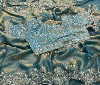 Sky Blue Color Embroidery sequence work heavy border Satin Saree 2