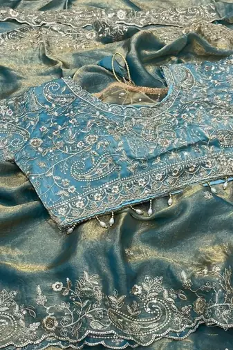 Sky Blue Color Embroidery sequence work heavy border Satin Saree