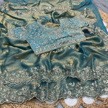 Sky Blue Color Embroidery sequence work heavy border Satin Saree 3