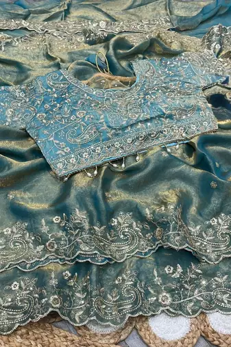 Sky Blue Color Embroidery sequence work heavy border Satin Saree