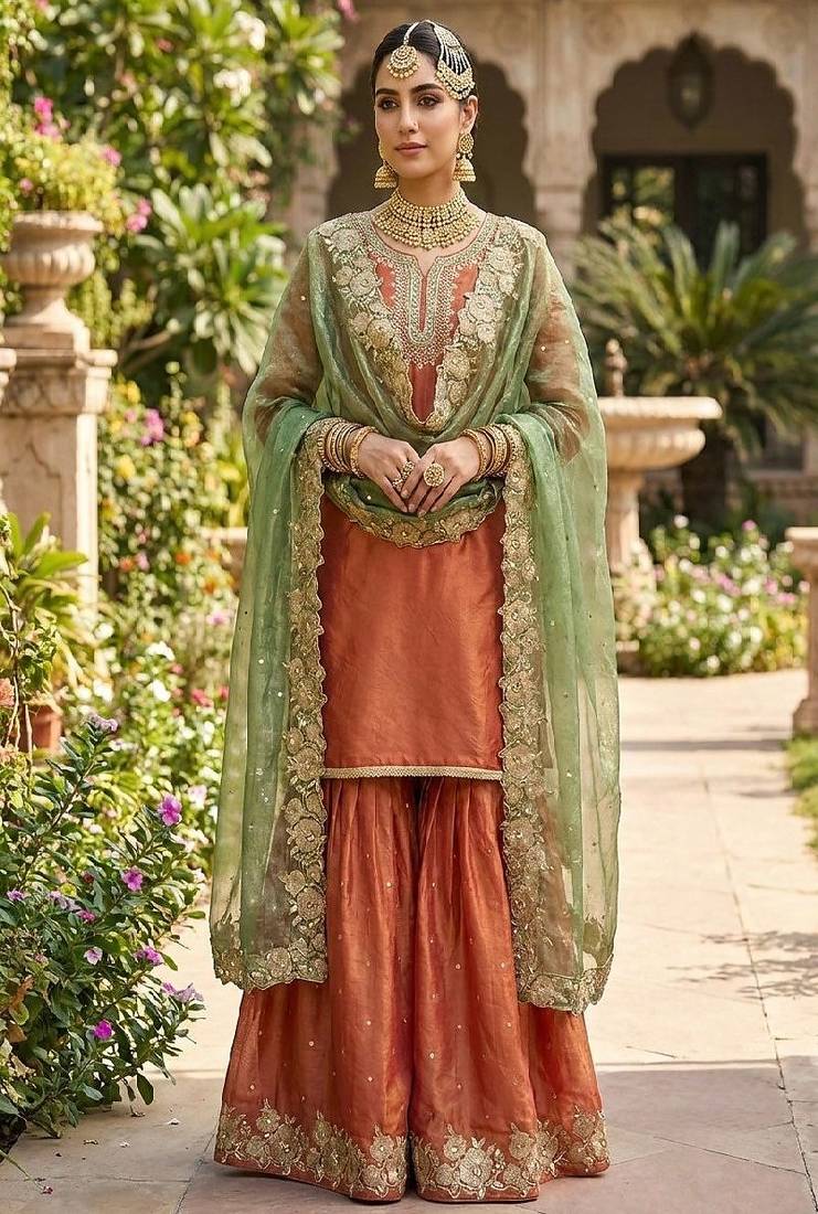 Rust orange embroidered kurta palazzo set