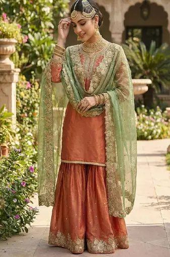 Rust orange embroidered kurta palazzo set