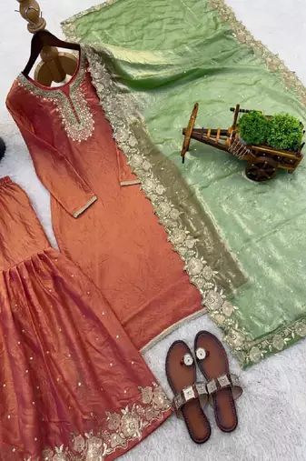 Rust orange embroidered kurta palazzo set