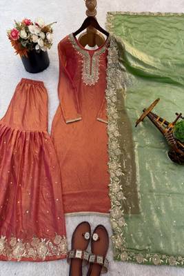 Rust orange embroidered kurta palazzo set 4