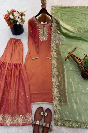Rust orange embroidered kurta palazzo set