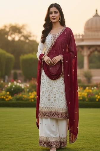 White embroidered kurta sharara set