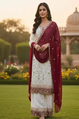 White embroidered kurta sharara set
