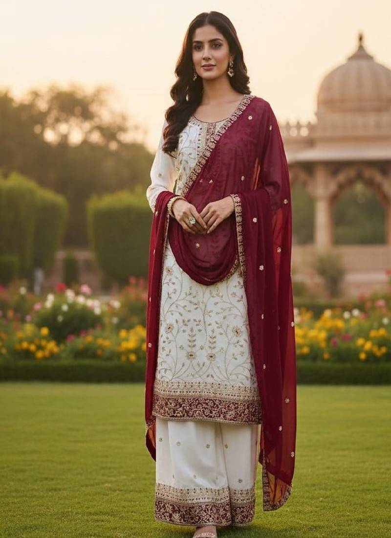 White embroidered kurta sharara set