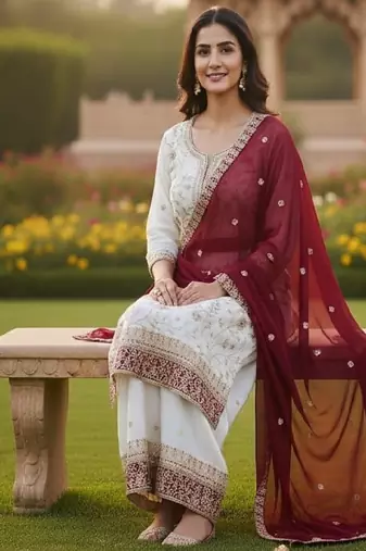 White embroidered kurta sharara set