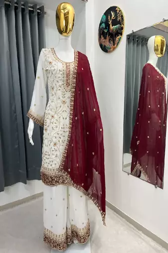 White embroidered kurta sharara set
