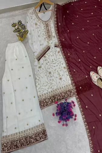 White embroidered kurta sharara set
