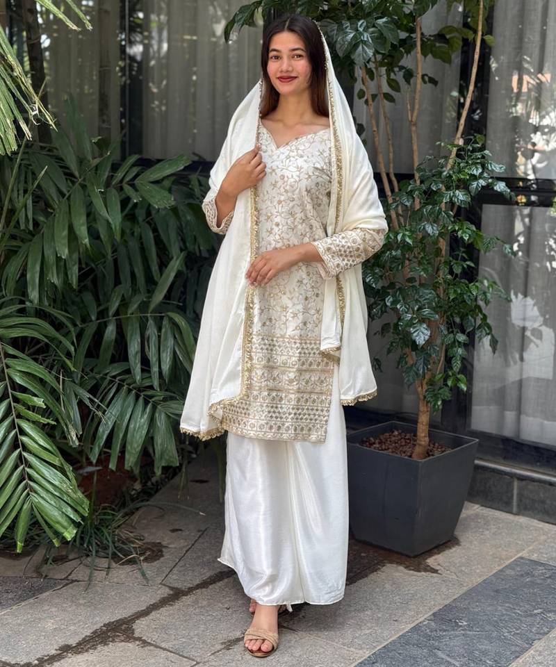 White and gold traditional sharara set