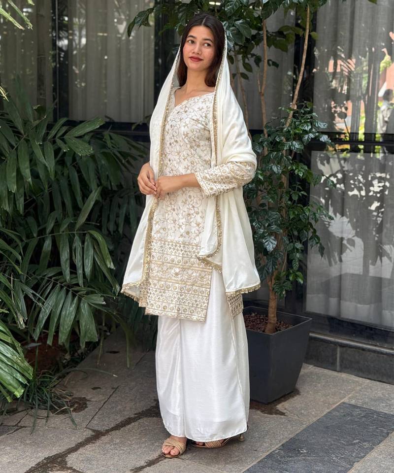 White and gold traditional sharara set