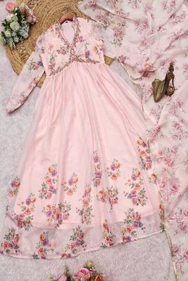 pink floral printed anarkali dress with dupatta 2
