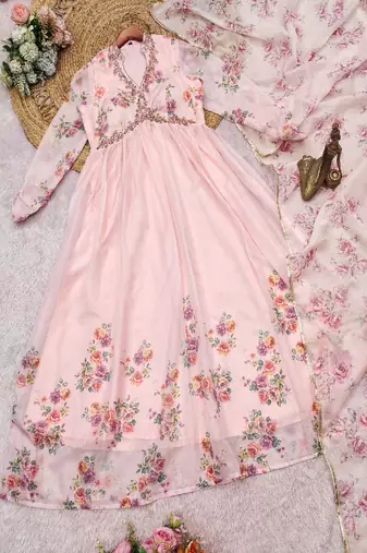 pink floral printed anarkali dress with dupatta