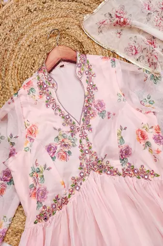 pink floral printed anarkali dress with dupatta