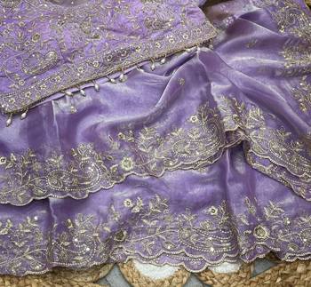 Lavender Color Embroidery sequence work heavy border Satin Saree 1