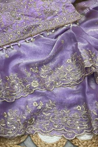 Lavender Color Embroidery sequence work heavy border Satin Saree