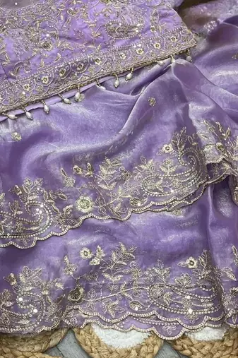 Lavender Color Embroidery sequence work heavy border Satin Saree