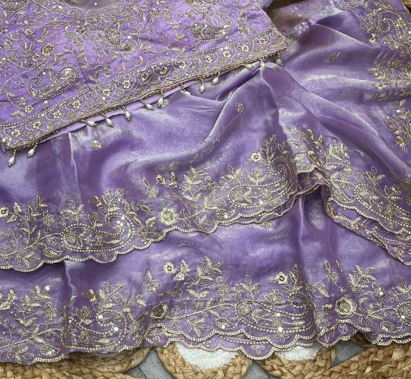 Lavender Color Embroidery sequence work heavy border Satin Saree
