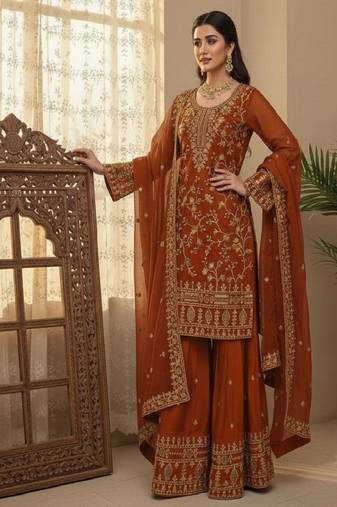 Brown embroidered kurta sharara set