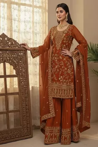 Brown embroidered kurta sharara set