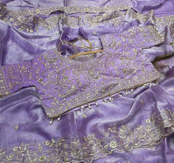 Lavender Color Embroidery sequence work heavy border Satin Saree 2