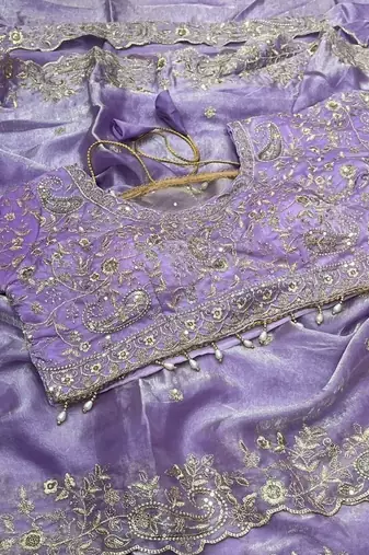 Lavender Color Embroidery sequence work heavy border Satin Saree