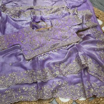 Lavender Color Embroidery sequence work heavy border Satin Saree 3