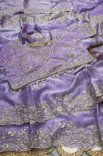 Lavender Color Embroidery sequence work heavy border Satin Saree