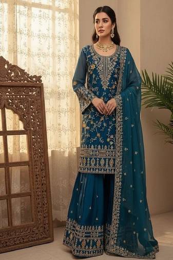 Dark-teal heavy embroidered sharara set