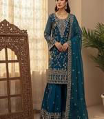 Dark-teal heavy embroidered sharara set